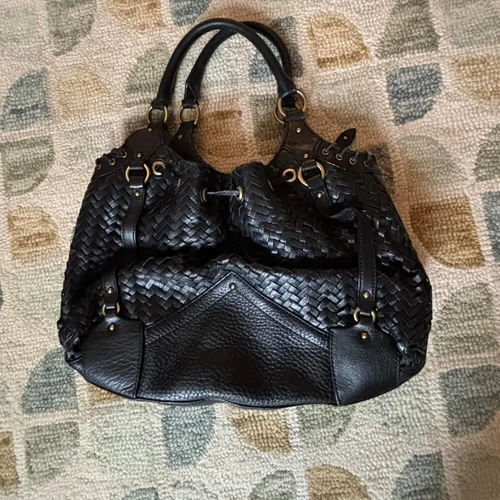 Cole Haan Leather Black Village Weave Bag, Medium, Hobo Bag, Excellent Condition